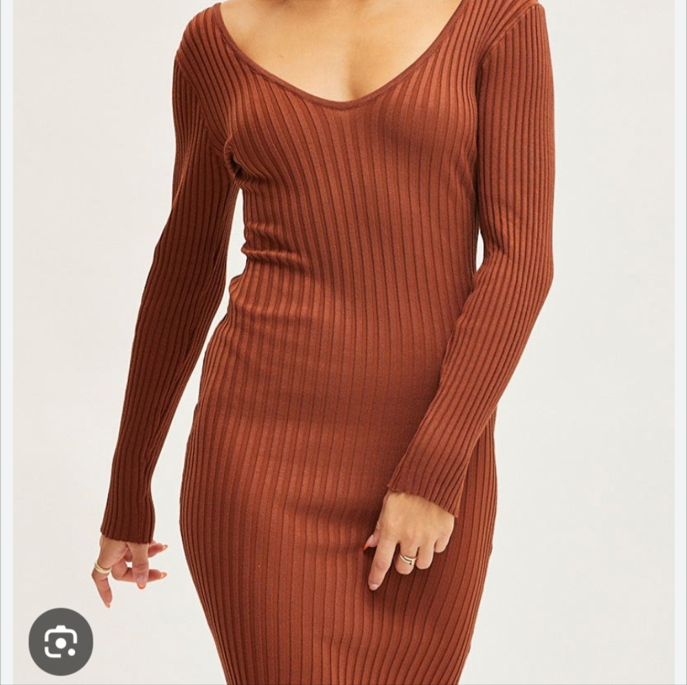 Rust Orange Long Sleeve Open Knit Ribbed Mini Dress Keyhole Back M